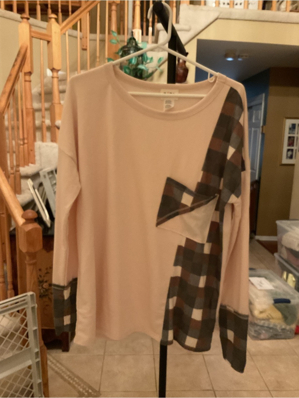 BiBi Cream Long Sleeve Top with Brown & Taupe Plaid Accents